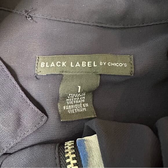 Chico’s Black Label Women's Sz 1 US 8 M Sheer Animal Full Zip Blouse Top Navy - Picture 4 of 8